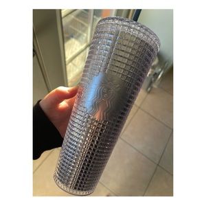 Silver grid Starbucks cup